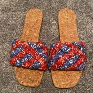 True Craft Red Blue White Bandana Print Cork Sandals sz 8.5 NEW